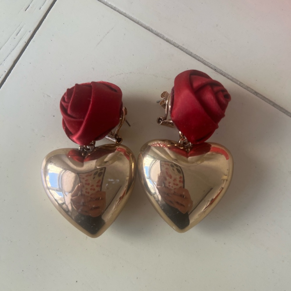 Zara Gold Heart Earrings with Red Floral Detail